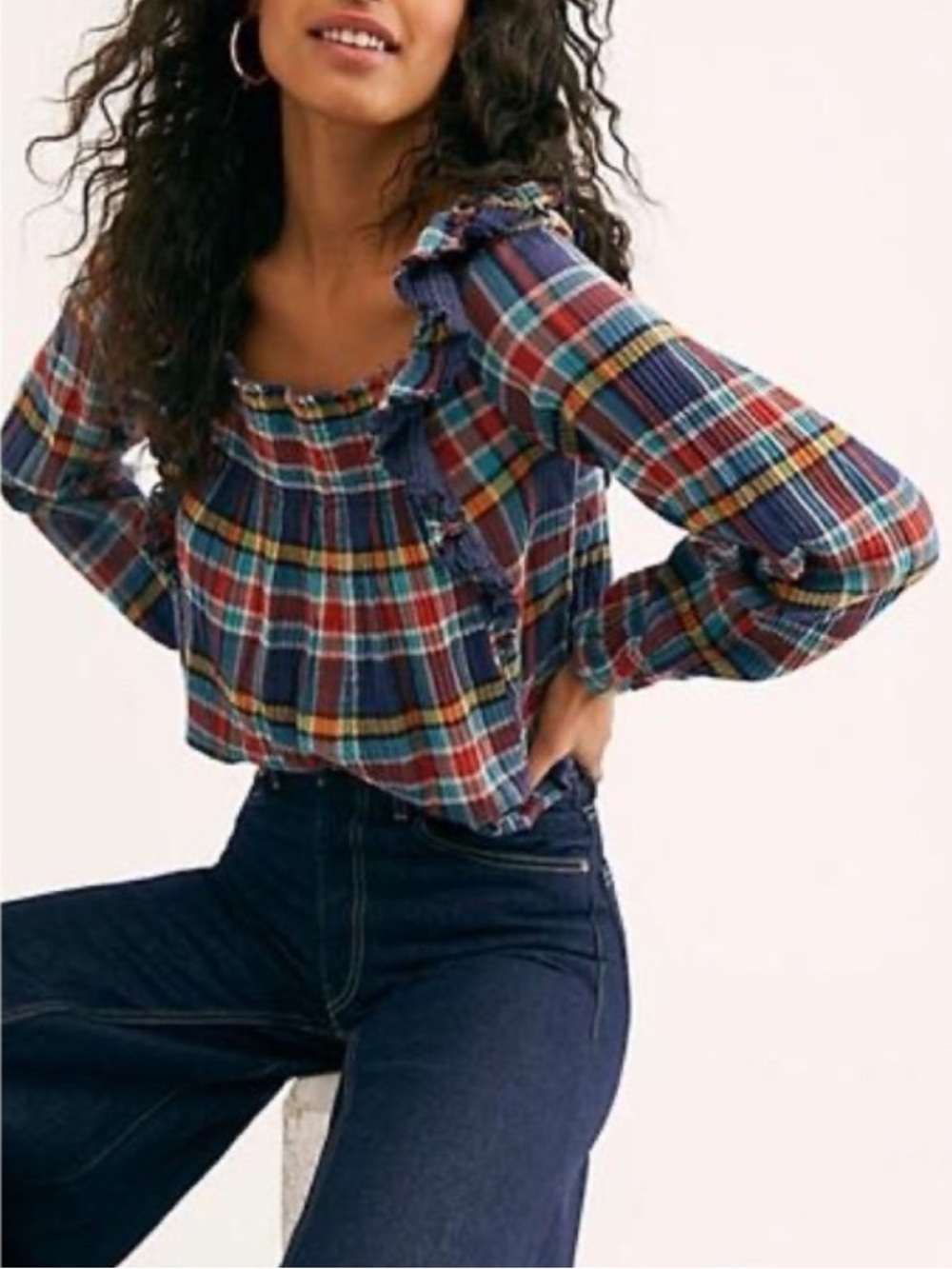 Free People Siena Plaid Pullover Shirt Ruffle Navy Blue Red Size XS Peasant